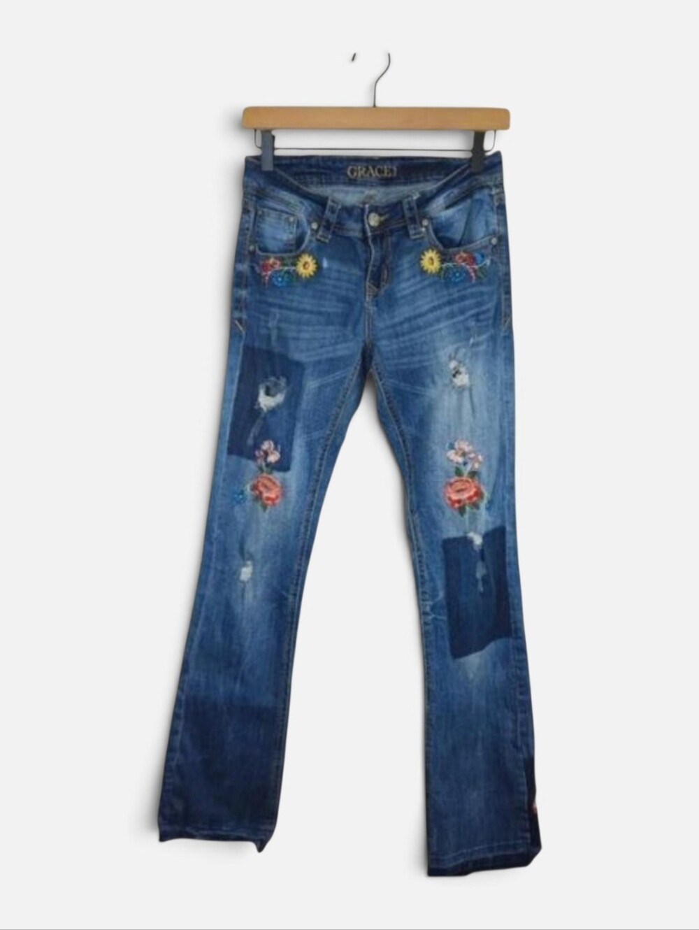 Grace In LA Embroidery Floral Low Rise Jean Women Size 27